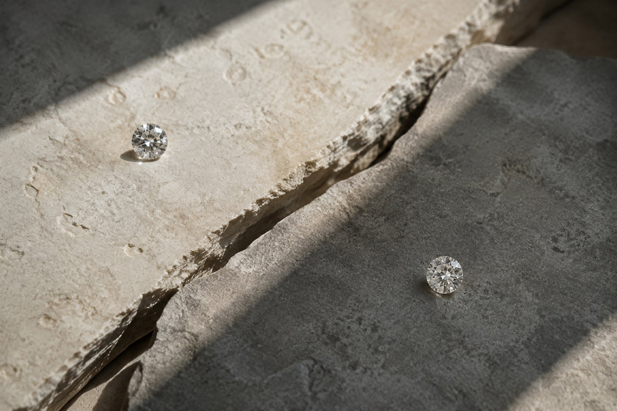 Editorial illustration of two diamonds on contrasting mineral surfaces