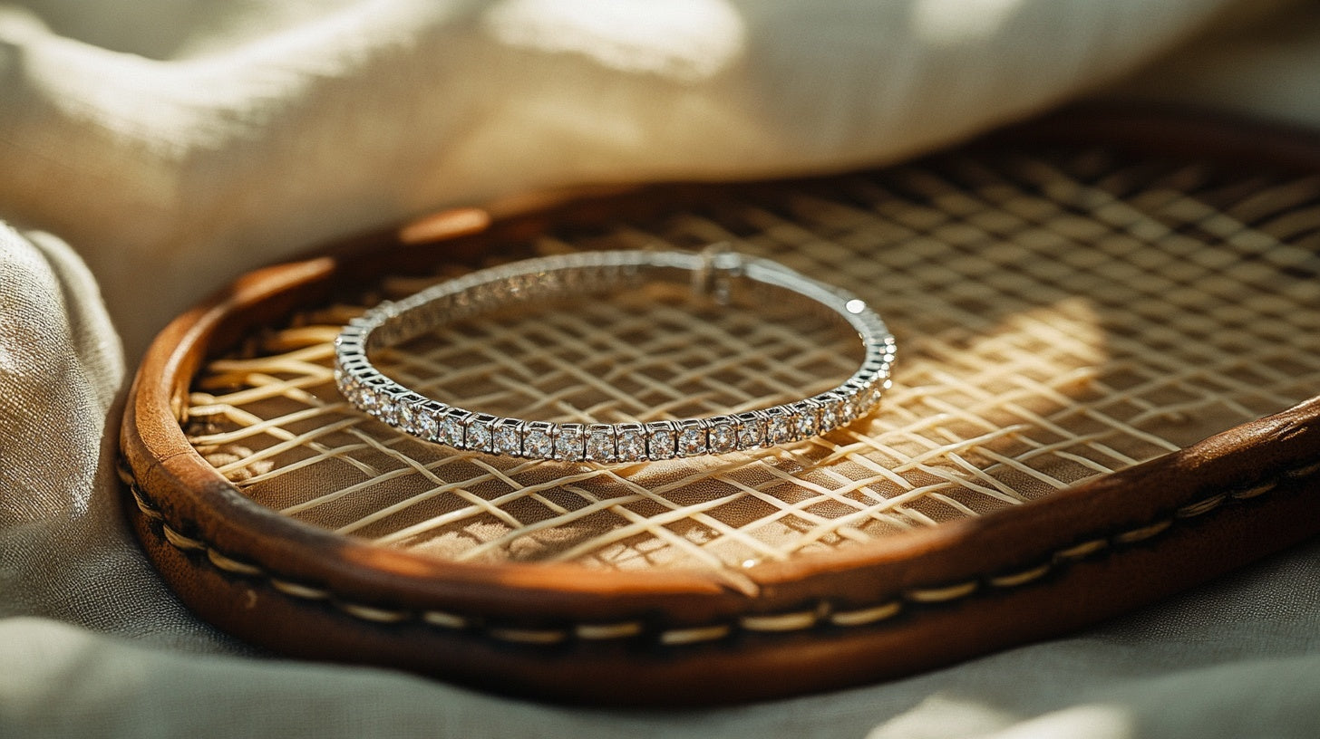 A diamond tennis bracelet resting on a vintage wooden tennis racket — evoking the 1978 US Open incident that gave the tennis bracelet its name