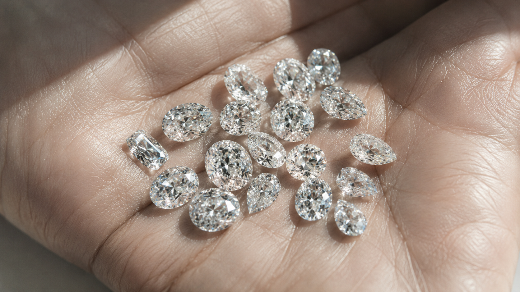 Multiple loose lab-grown diamonds of different cuts — oval, pear, marquise and cushion — resting on an open palm, photographed for DHARIN fine jewellery