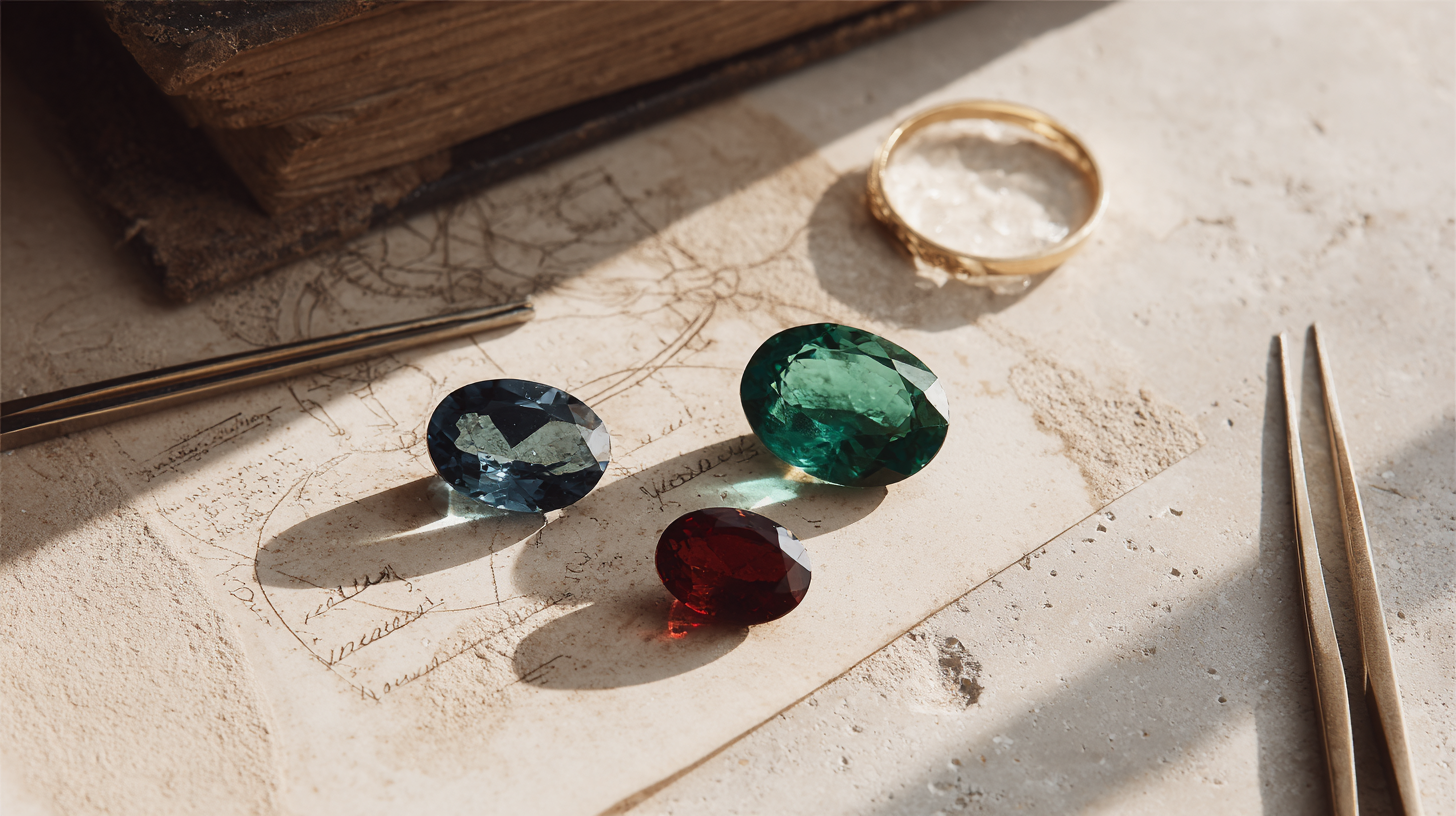 Three loose precious gemstones side by side — blue sapphire, green emerald and red ruby — the Big Three cultivated gemstones used in DHARIN fine jewellery