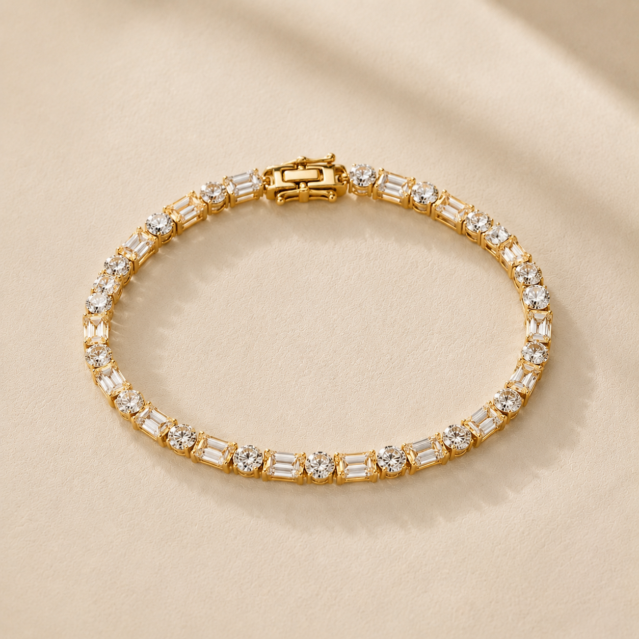 DHARIN Mixed-Cut Tennis Bracelet - 14K white gold 1.5ct, round and emerald-cut alternating, flat lay