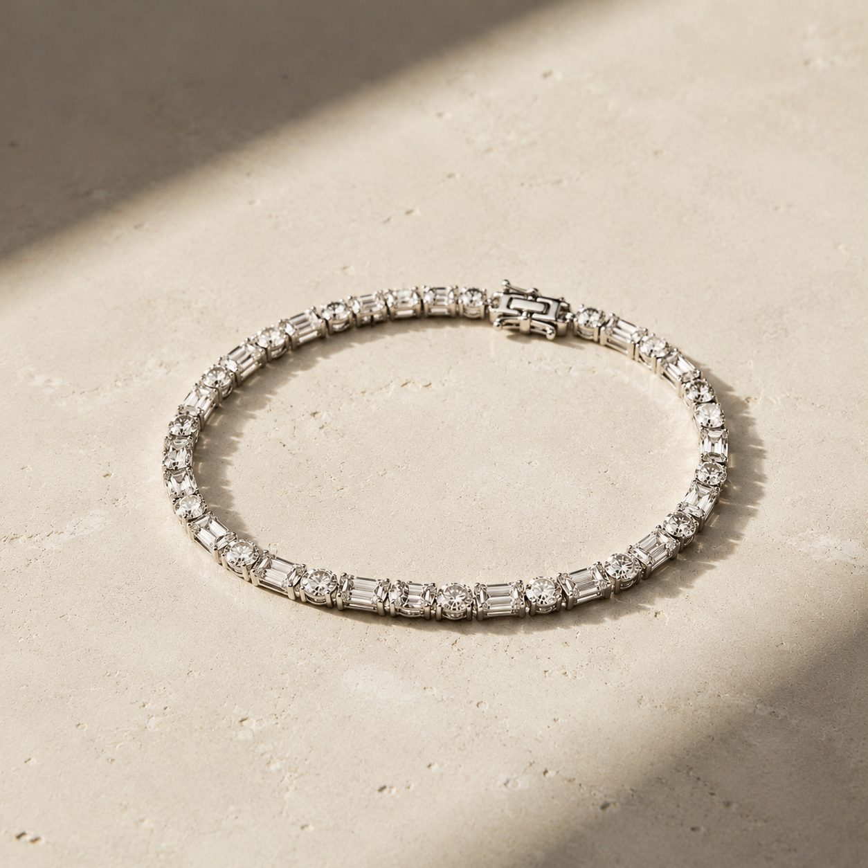 DHARIN Mixed-Cut Tennis Bracelet - macro detail, round brilliant and emerald-cut diamonds alternating