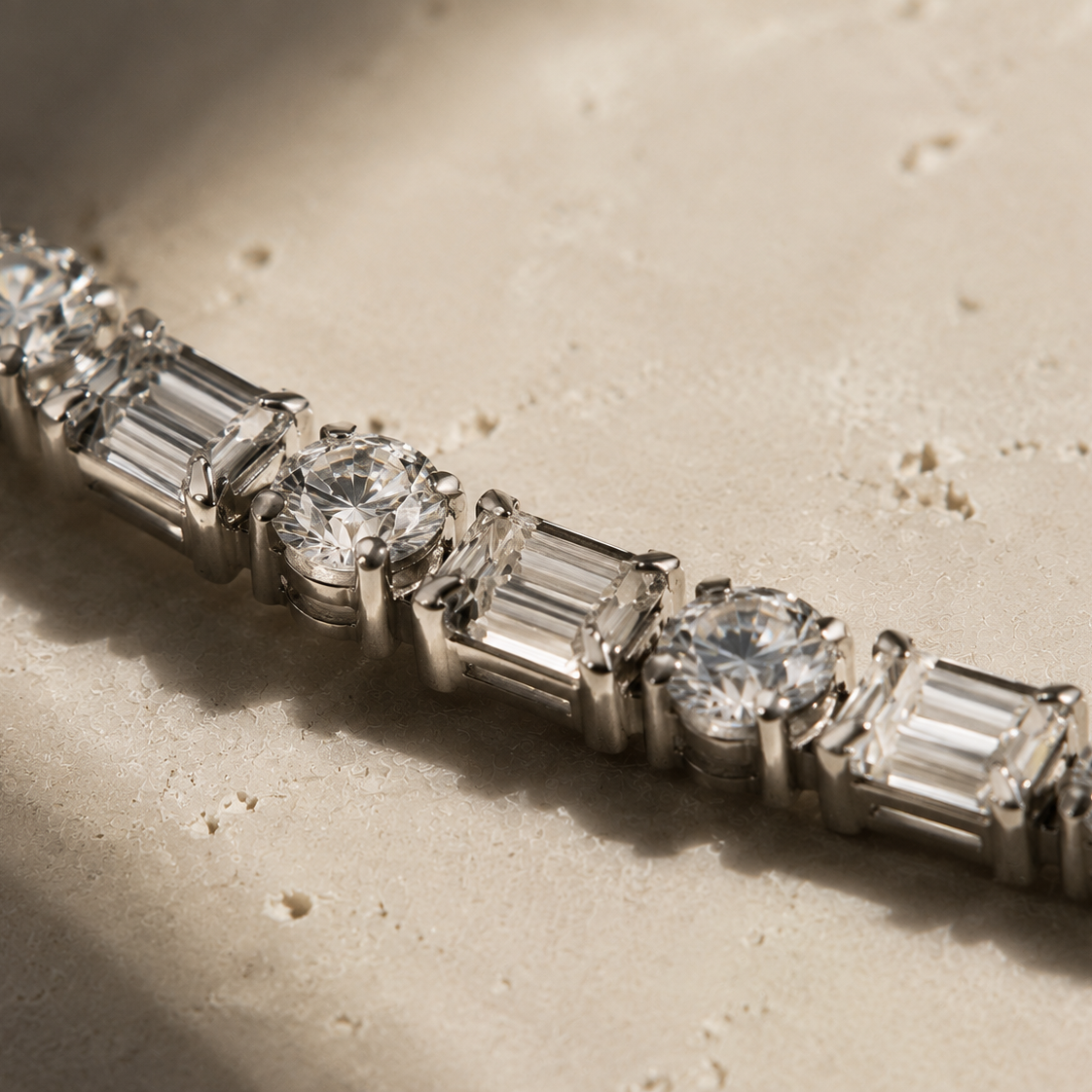 DHARIN Mixed-Cut Tennis Bracelet - 14K white gold 2.5ct, denser diamond coverage, flat lay