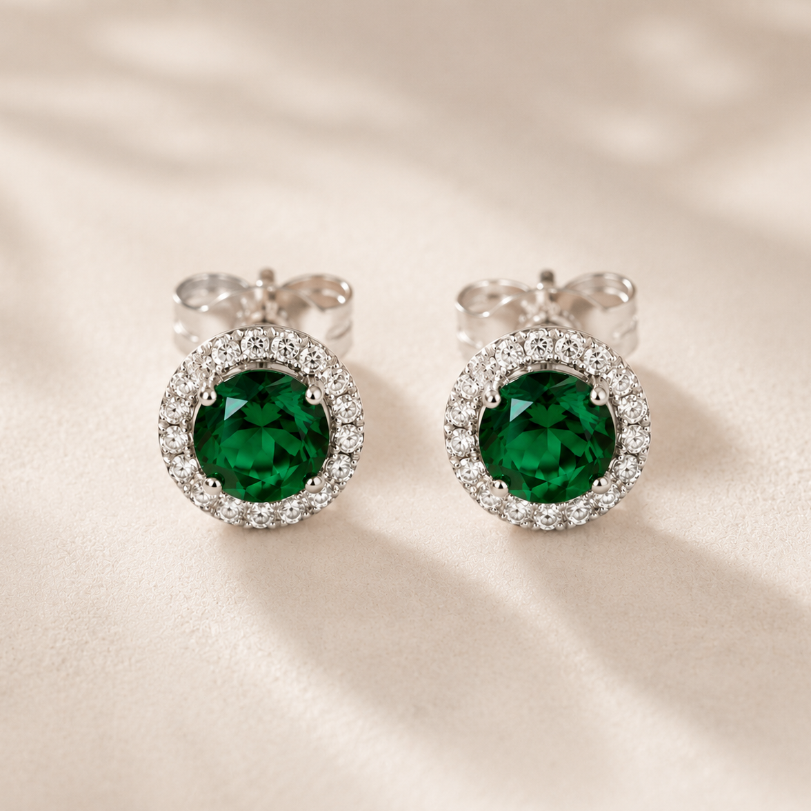 DHARIN Emerald Halo Stud Earrings - vivid green lab-grown emerald 5mm with diamond halo, sterling silver