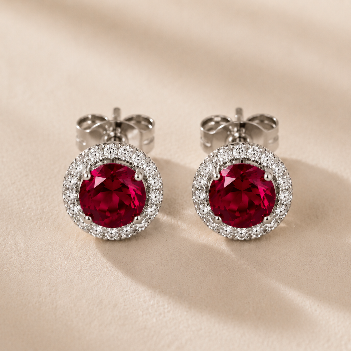 DHARIN Ruby Halo Stud Earrings - deep crimson red lab-grown ruby 5mm with diamond halo, sterling silver