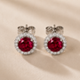 DHARIN Ruby Halo Stud Earrings - deep crimson red lab-grown ruby 5mm with diamond halo, sterling silver