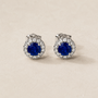 DHARIN Blue Sapphire Halo Stud Earrings - deep royal blue lab-grown sapphire 5mm with diamond halo, sterling silver