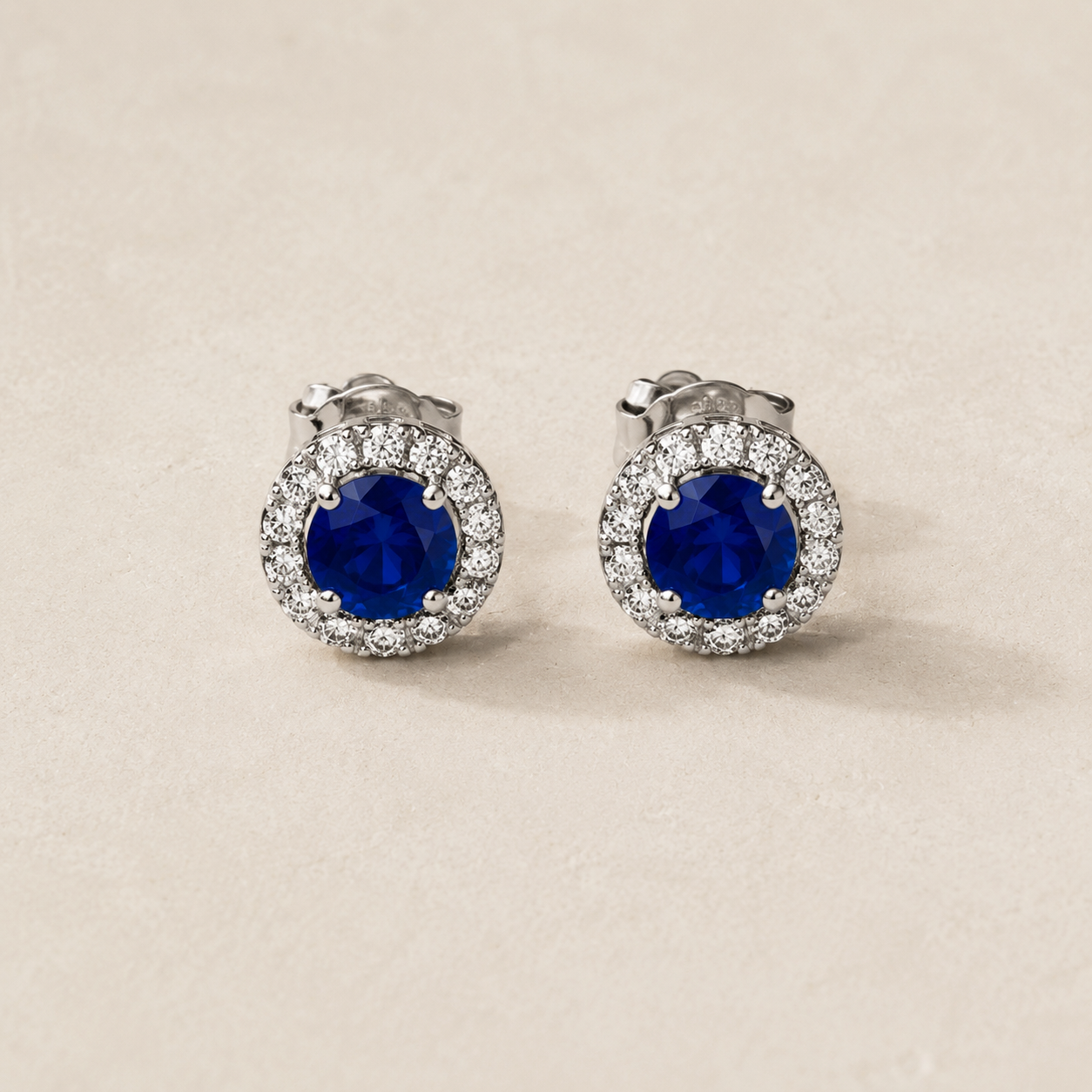 DHARIN Blue Sapphire Halo Stud Earrings - deep royal blue lab-grown sapphire 5mm with diamond halo, sterling silver