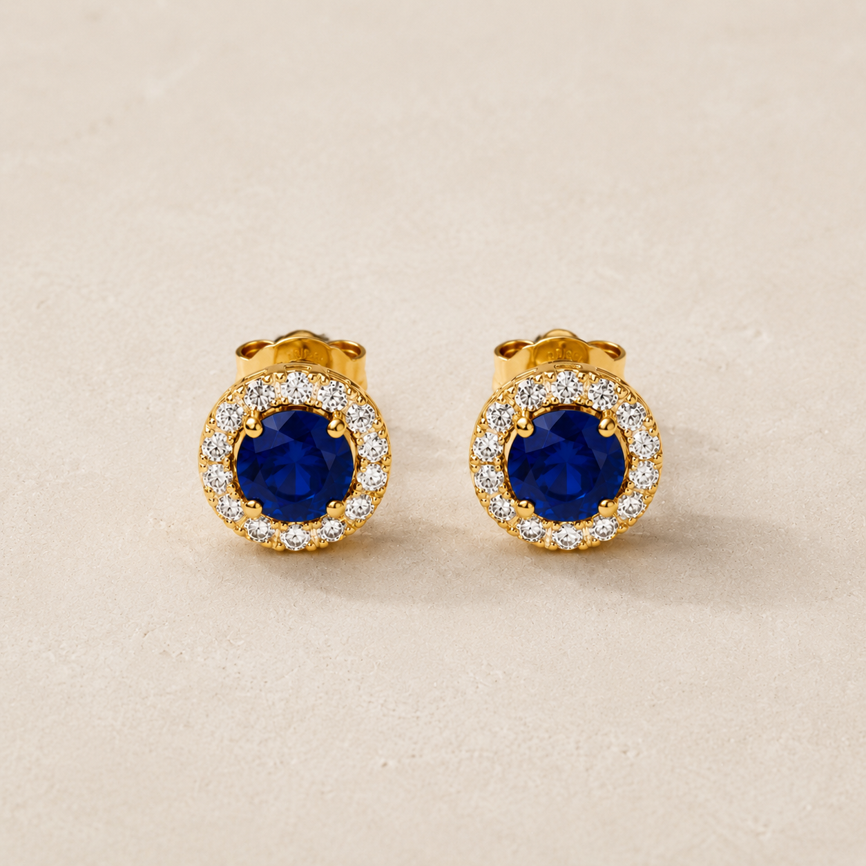 DHARIN Blue Sapphire Halo Stud Earrings - 18K gold vermeil, warm gold and sapphire contrast