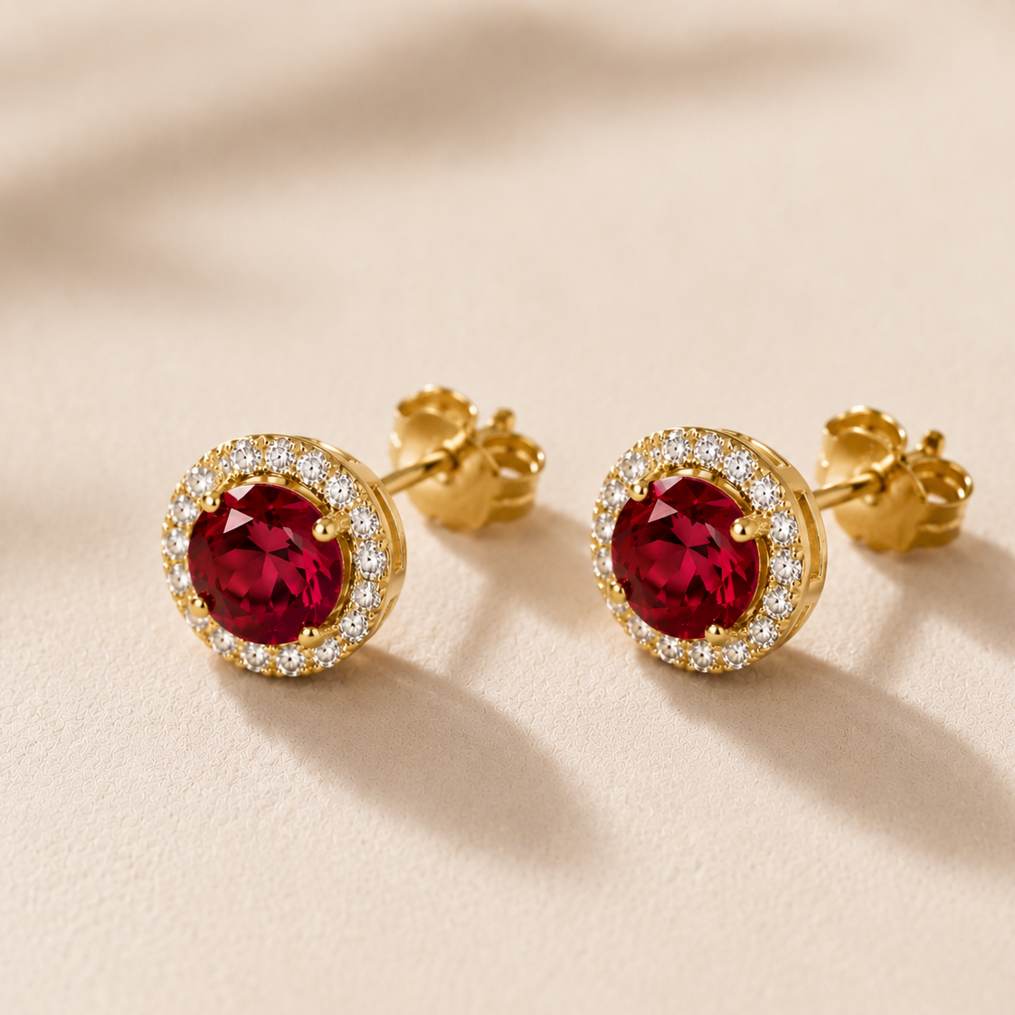 DHARIN Ruby Halo Stud Earrings - 18K gold vermeil, warm gold and deep red ruby contrast