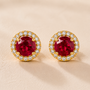 DHARIN Ruby Halo Stud Earrings - macro detail, diamond pavé halo surrounding ruby center stone