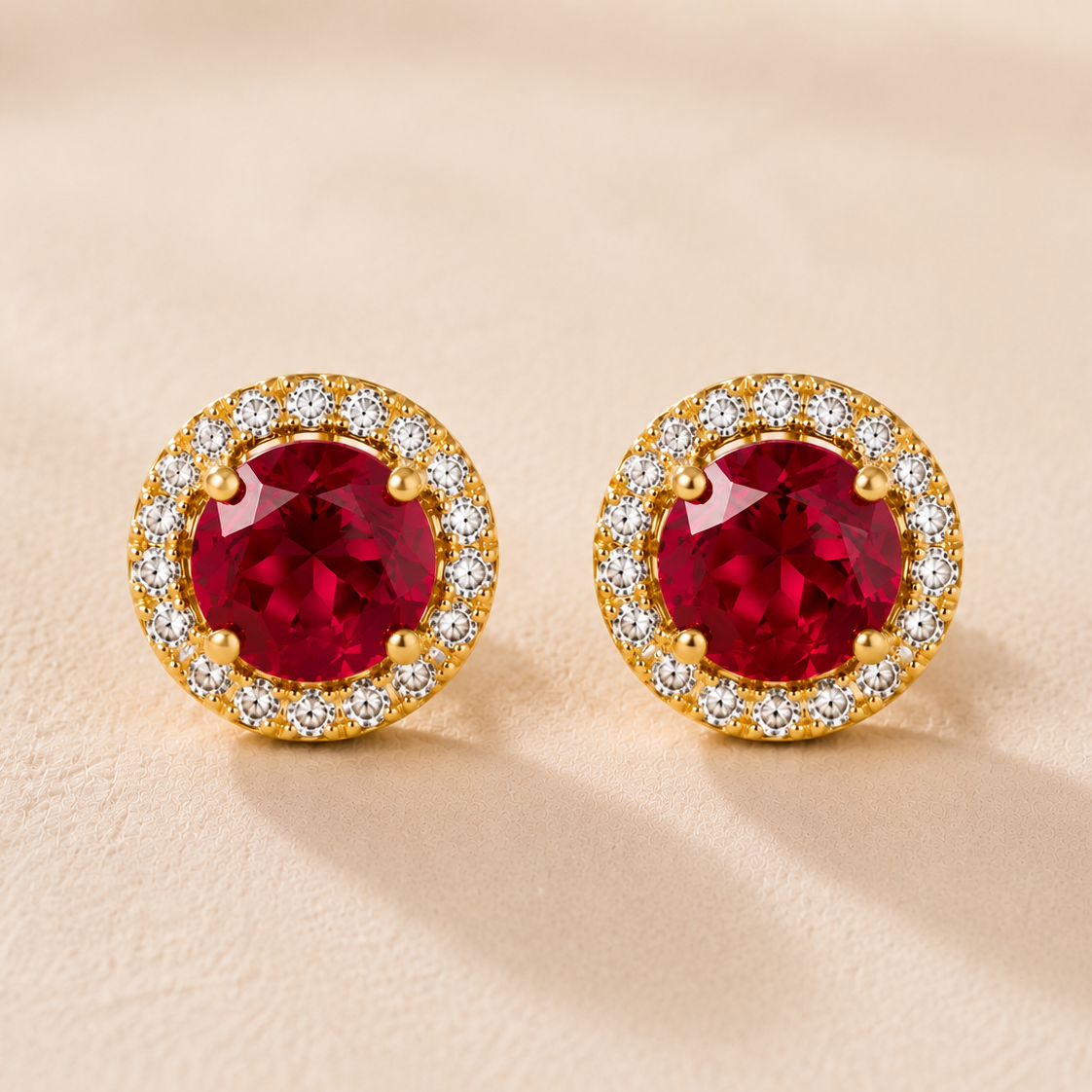 DHARIN Ruby Halo Stud Earrings - macro detail, diamond pavé halo surrounding ruby center stone