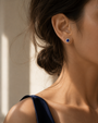 DHARIN Blue Sapphire Halo Stud Earrings - editorial detail, diamond pavé halo surrounding sapphire center