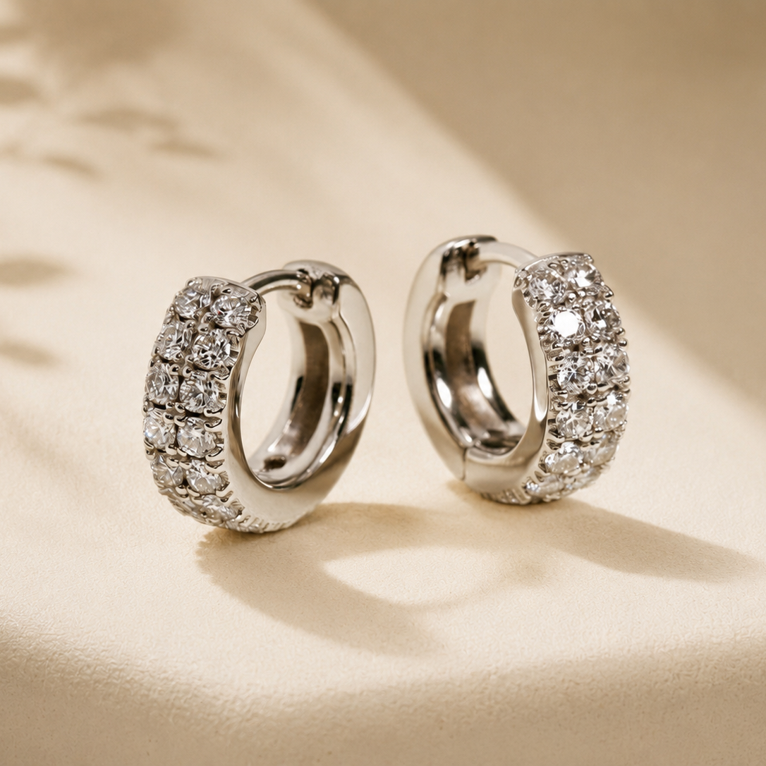 DHARIN Mini Diamond Huggie Earrings - S925 silver, pavé diamonds, close-fitting 10mm hoop