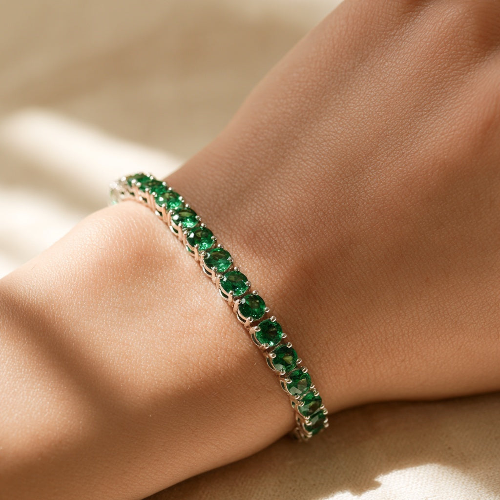 DHARIN Emerald Tennis Bracelet - editorial detail, lab-grown emerald continuous band