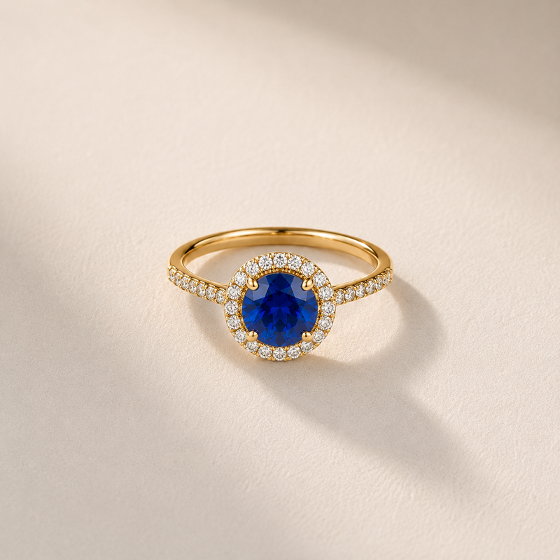 DHARIN Blue Sapphire Halo Ring — lab-grown blue sapphire centre with diamond halo, S925 silver or 18K gold vermeil