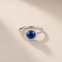 DHARIN Gemstone Halo Cocktail Ring - 45 degree angle view, sterling silver setting