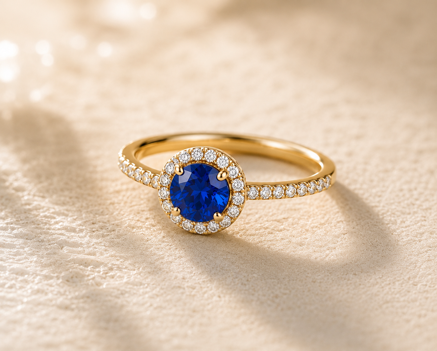 DHARIN Gemstone Halo Cocktail Ring - 18K gold vermeil, blue sapphire center, pavé band, side light view