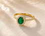 DHARIN Gemstone Halo Cocktail Ring - deep red ruby center, 18K gold vermeil pavé band