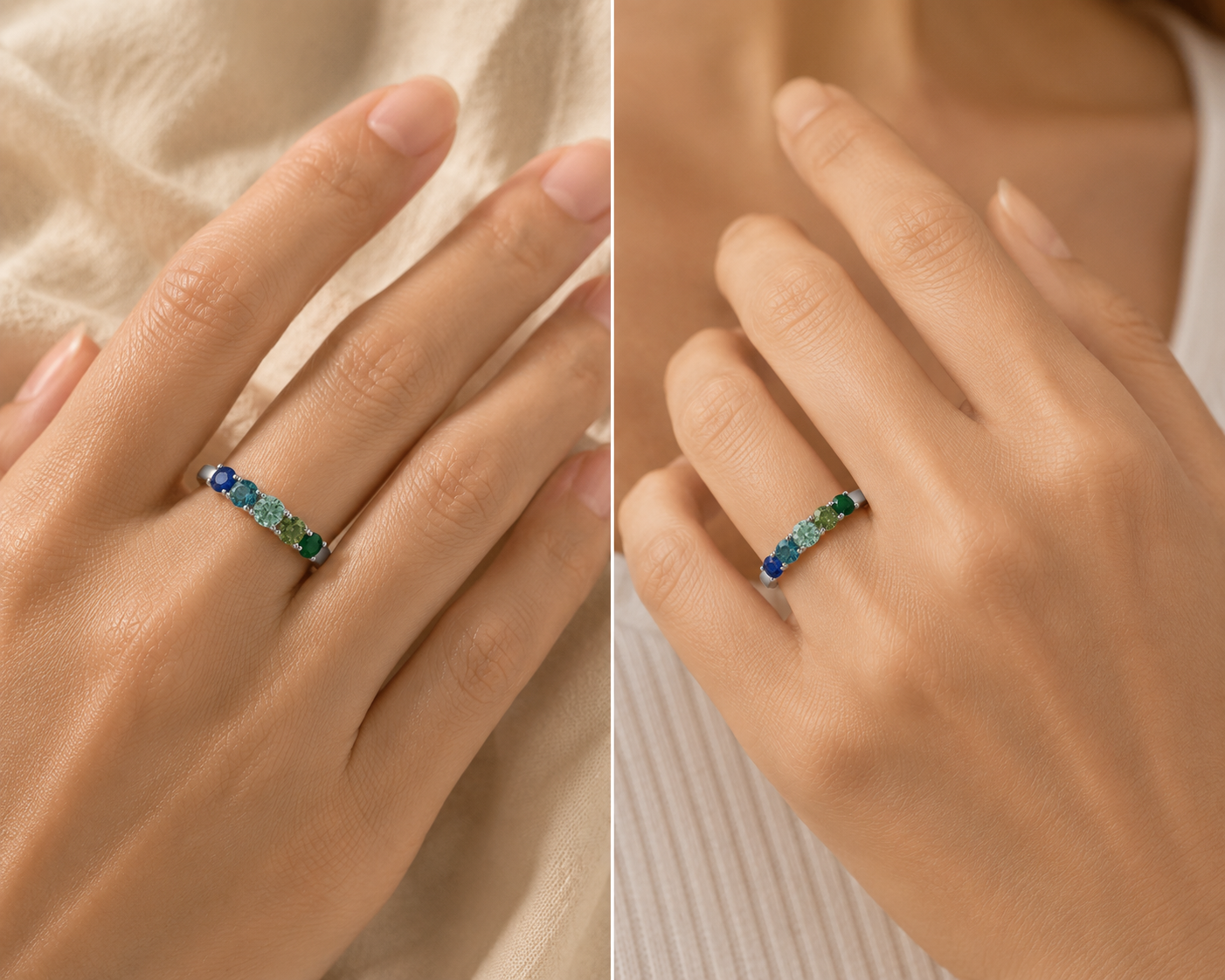 DHARIN Five-Stone Color Gemstone Band - hand wearing view, moss gradient gemstone ring
