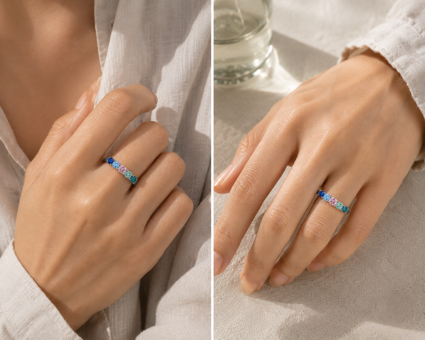 DHARIN Five-Stone Color Gemstone Band - macro gemstone detail, royal blue to forest green gradient