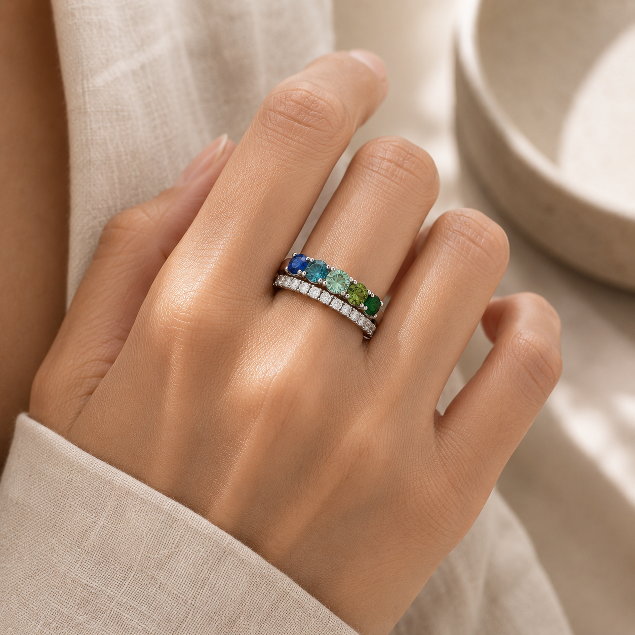 DHARIN Moss Gradient Five-Stone Ring - 45 degree view, graduating blue to green gemstones