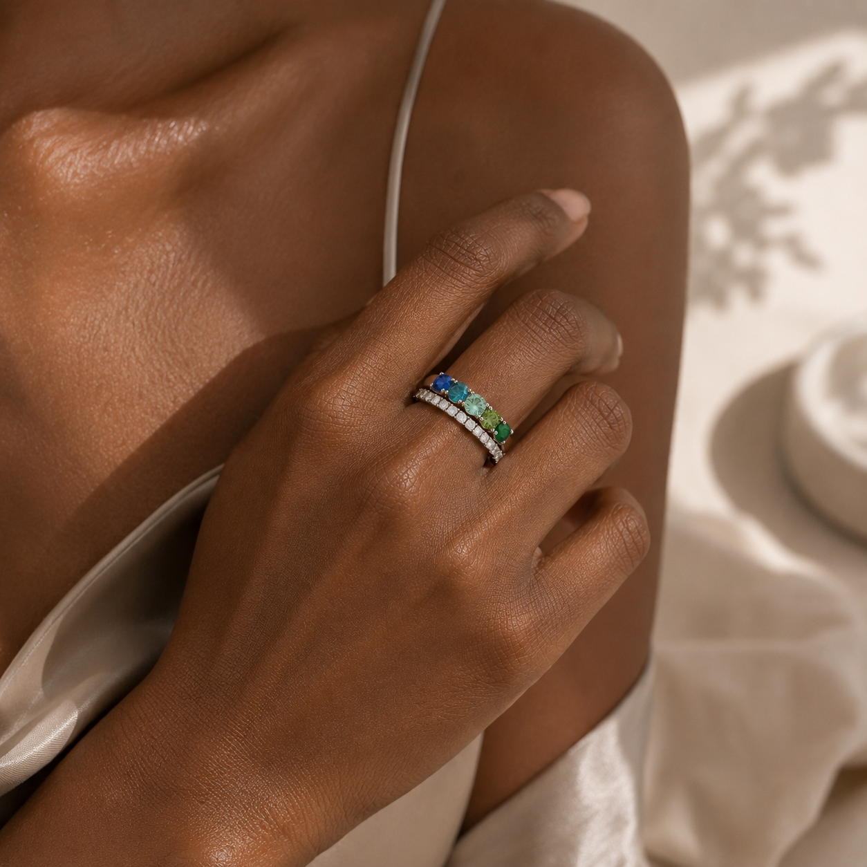 DHARIN Moss Gradient Five-Stone Ring - 18K gold vermeil version, warm gold setting