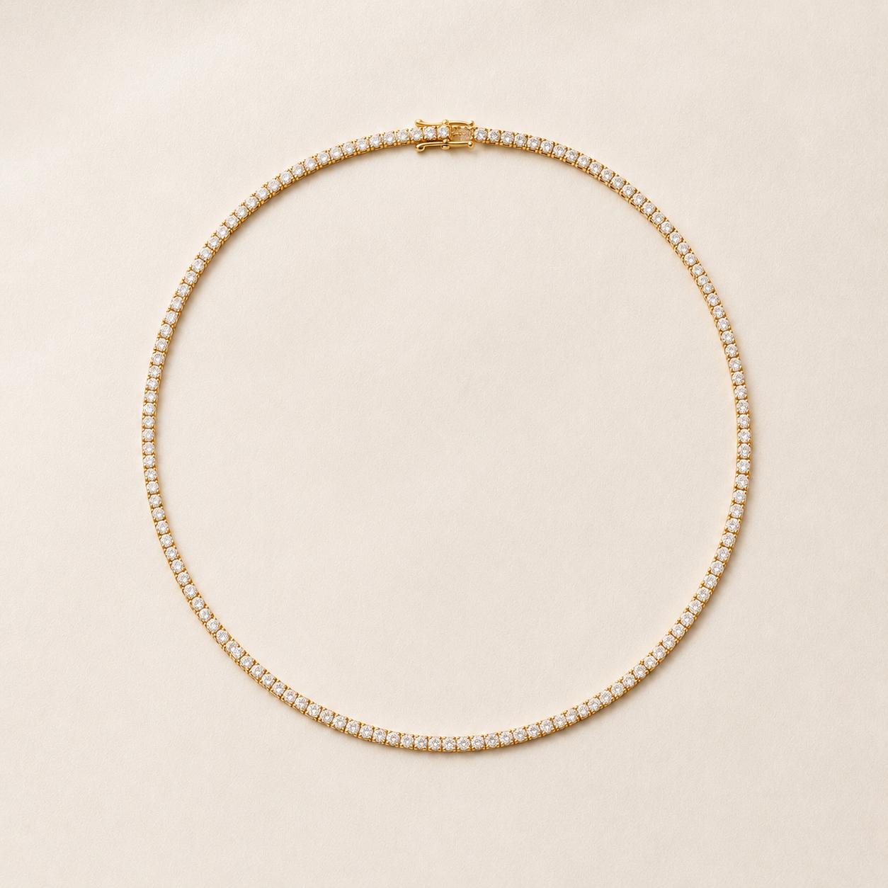 DHARIN Delicate Diamond Tennis Necklace - flat lay overhead, 1ct 33 diamonds 2mm, 18K gold vermeil