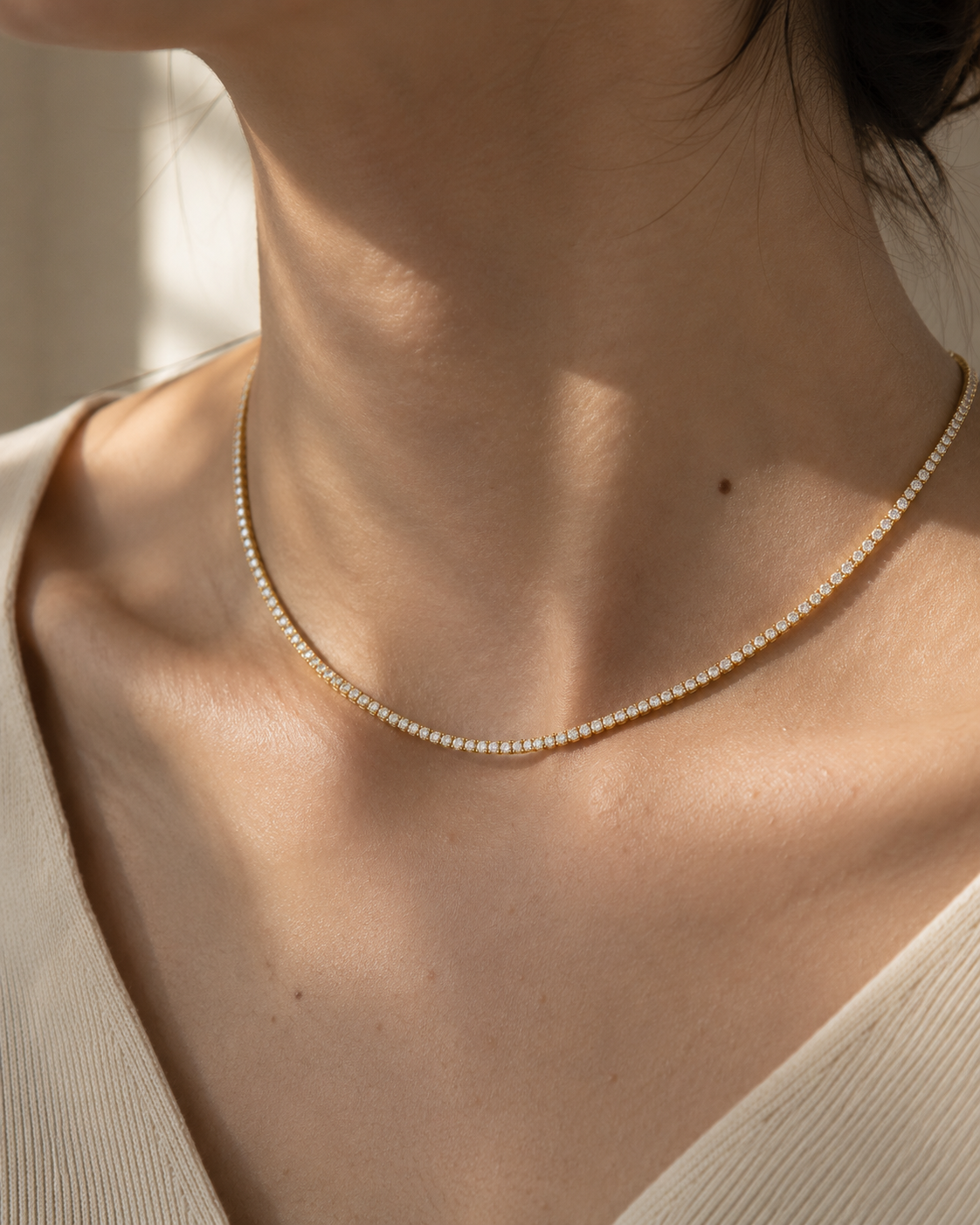 DHARIN Delicate Diamond Tennis Necklace - neck collarbone wearing view, 16 inches quiet luxury
