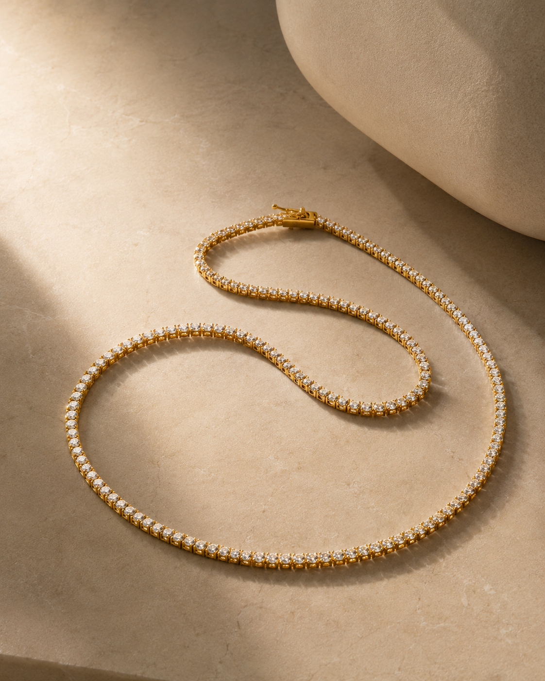 DHARIN Delicate Diamond Tennis Necklace - 18K gold vermeil 2ct, 40 diamonds 2.5mm, flat lay overhead