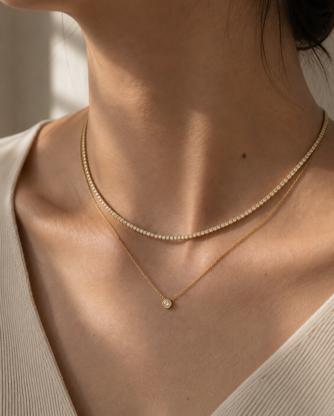 DHARIN Delicate Diamond Tennis Necklace - 14K white gold 2ct, 40 diamonds 2.5mm, flat lay overhead