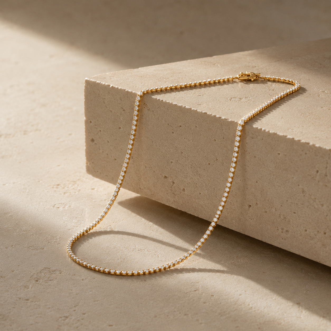DHARIN Delicate Diamond Tennis Necklace - 14K white gold 1ct, cool bright finish, flat lay overhead