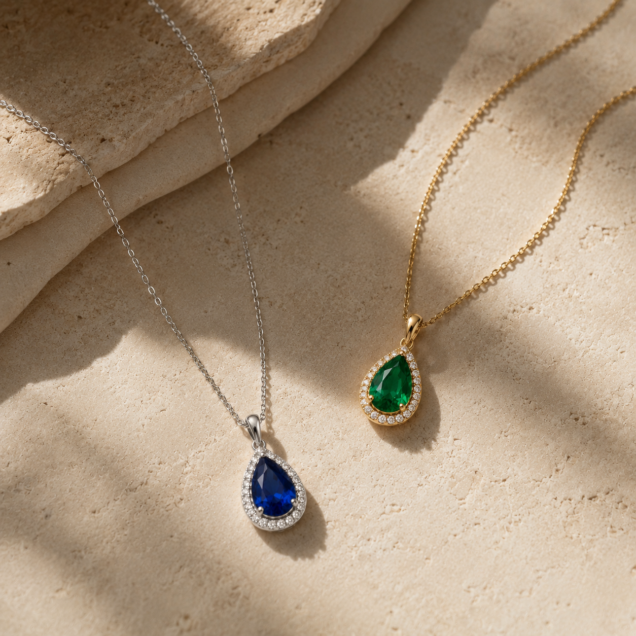 DHARIN Teardrop Gemstone Pendant - emerald S925 silver, pear cut 8x12mm with diamond halo
