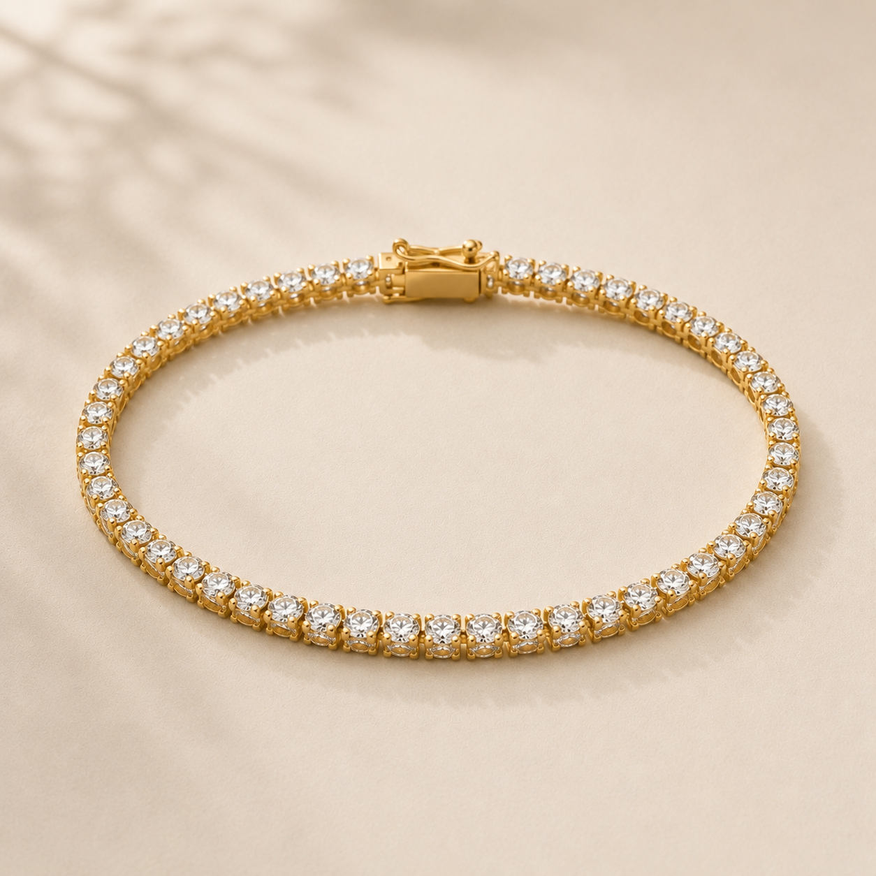 DHARIN Classic Lab Diamond Tennis Bracelet - 3ct, 45 degree flat lay, 18K gold vermeil, lab-grown diamond
