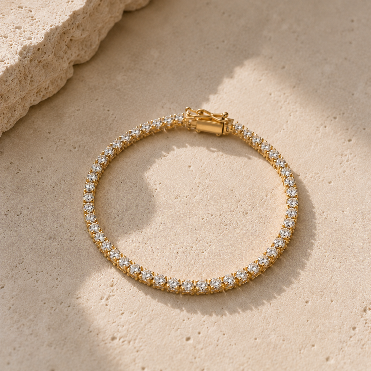 DHARIN Classic Lab Diamond Tennis Bracelet - 3ct, limestone surface, 18K gold vermeil, quality detail