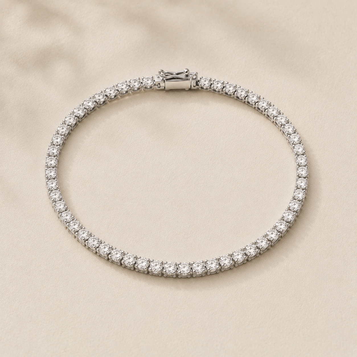 DHARIN Classic Lab Diamond Tennis Bracelet - 3ct, 14K white gold cool bright finish, flat lay overhead