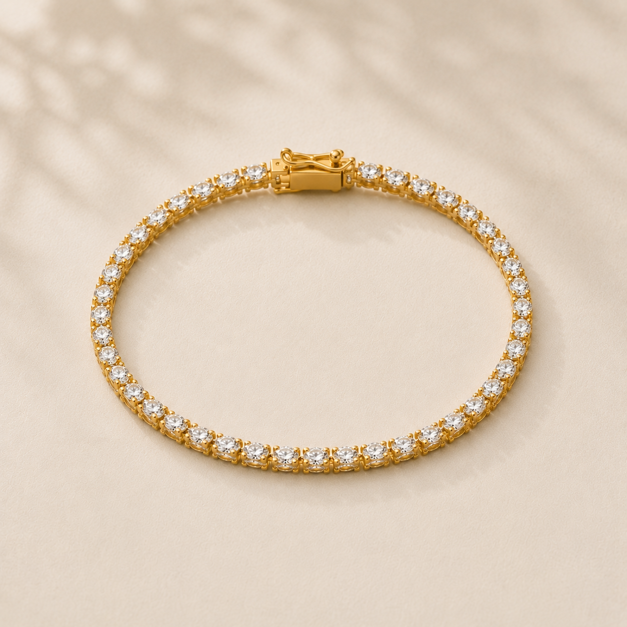 DHARIN Classic Lab Diamond Tennis Bracelet - 1.5ct, 18K gold vermeil, approximately 24 diamonds 2.5mm, flat lay overhead