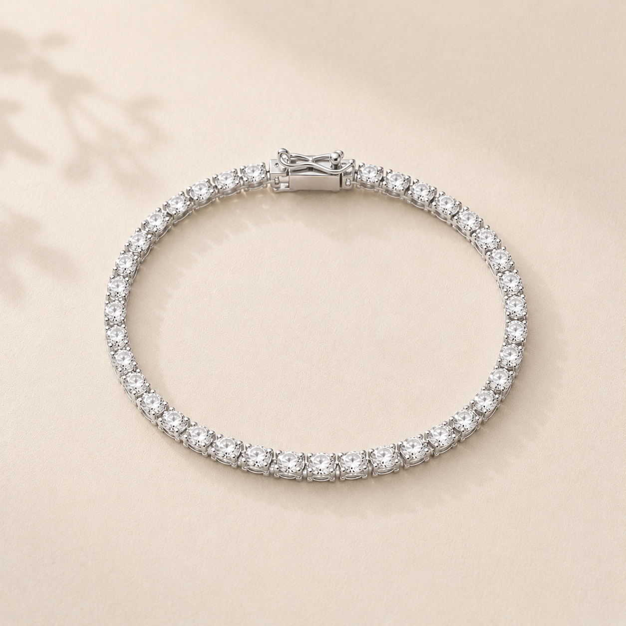 DHARIN Classic Lab Diamond Tennis Bracelet - 1.5ct, 14K white gold cool bright finish, approximately 24 diamonds 2.5mm, flat lay overhead