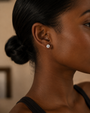 DHARIN Solitaire Lab Diamond Stud Earrings - close-up ear view, round brilliant diamond stud, quiet luxury