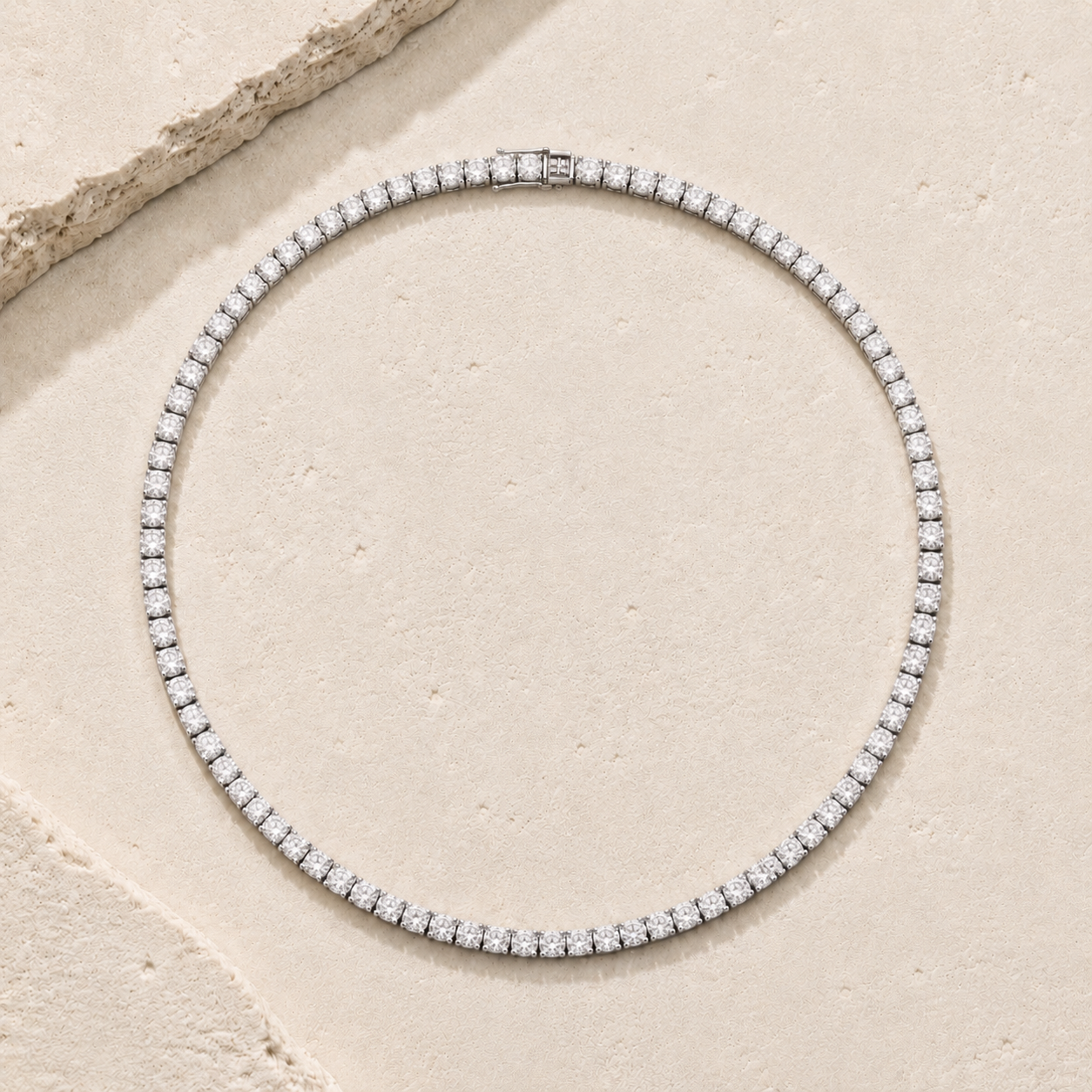 DHARIN Full Pavé Lab-Grown Diamond Tennis Necklace, S925 silver, continuous stone-to-stone round brilliant diamonds, coiled flat lay overhead view