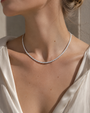 DHARIN Full Pavé Lab-Grown Diamond Tennis Necklace worn at the collarbone, S925 silver, quiet luxury styling