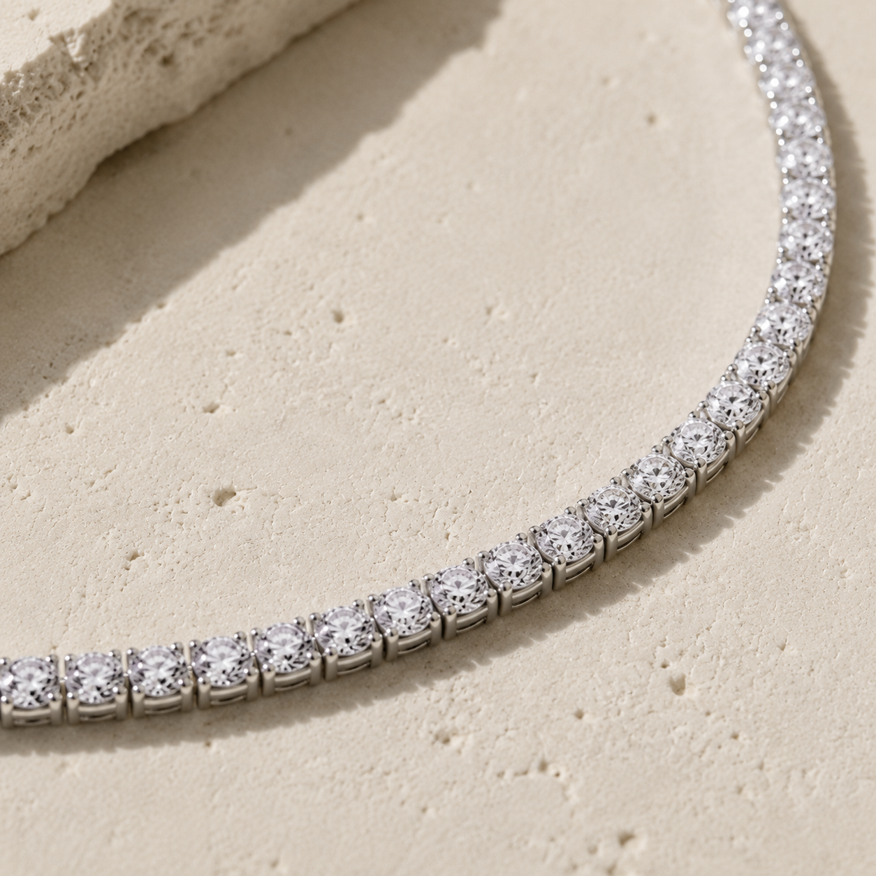 DHARIN Full Pavé Tennis Necklace close-up, lab-grown diamonds set stone-to-stone in S925 silver, 2.3mm round brilliant cut