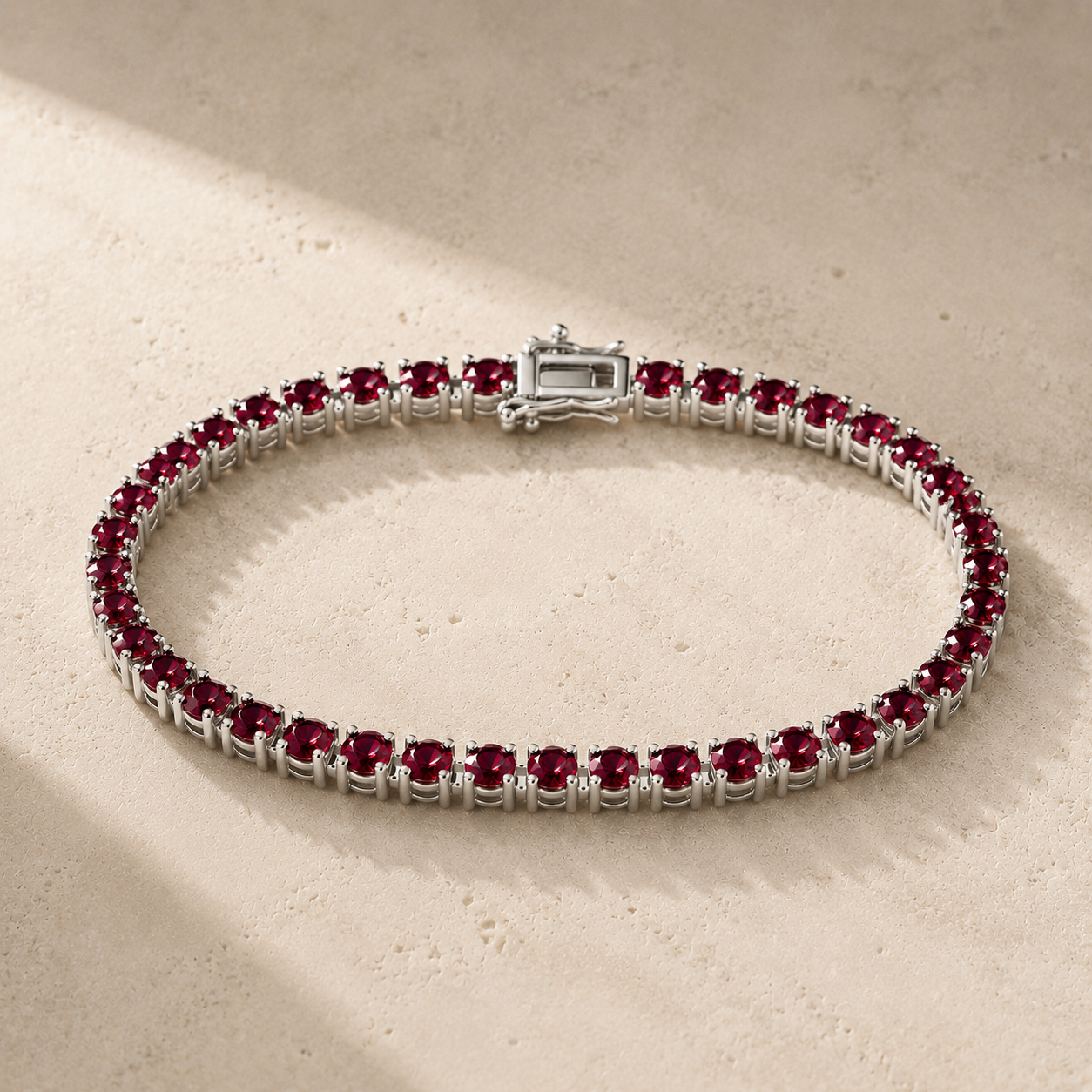 DHARIN Ruby Tennis Bracelet - S925 silver, continuous row lab-grown rubies, flat lay overhead