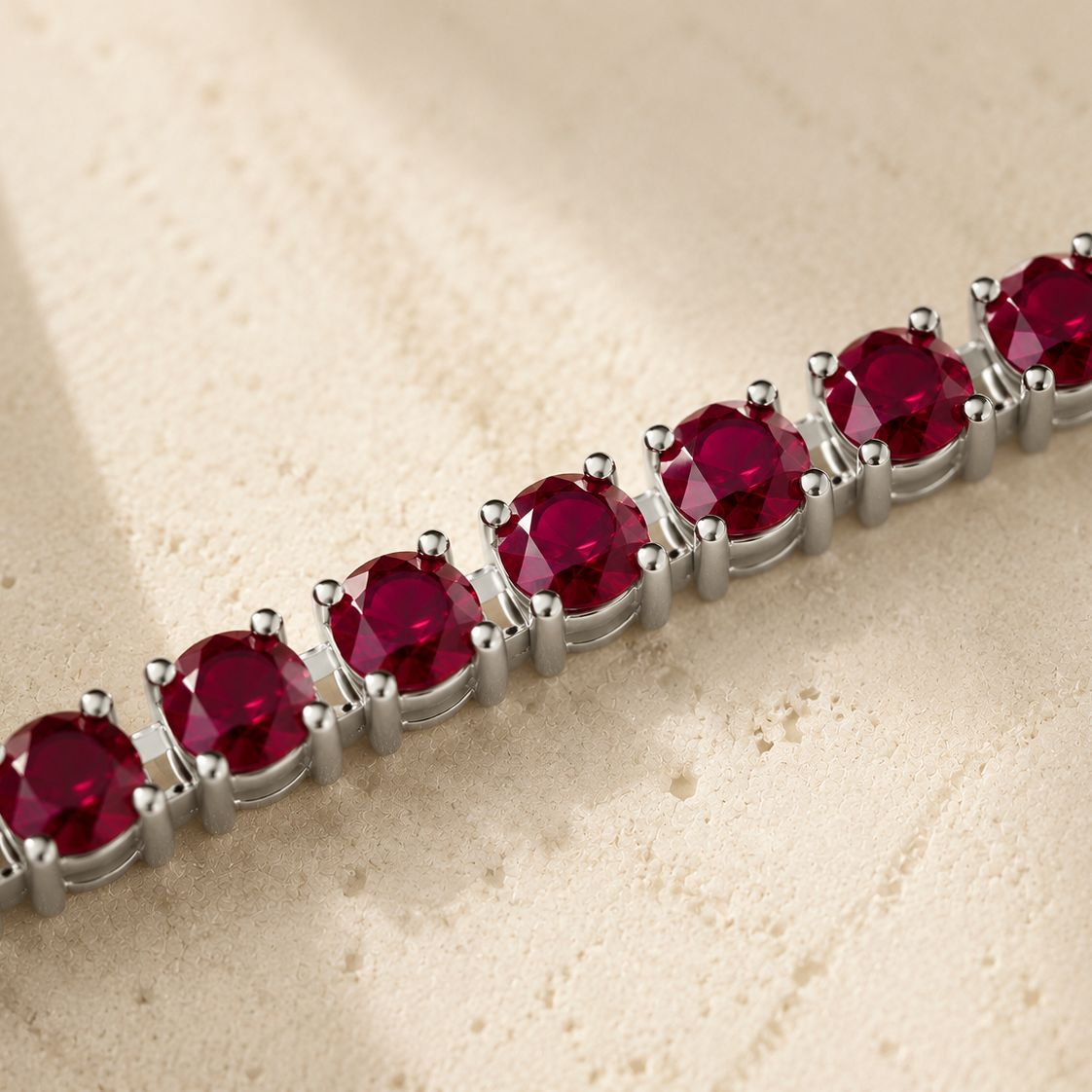 DHARIN Ruby Tennis Bracelet - wrist wearing lifestyle, deep red ruby, quiet luxury