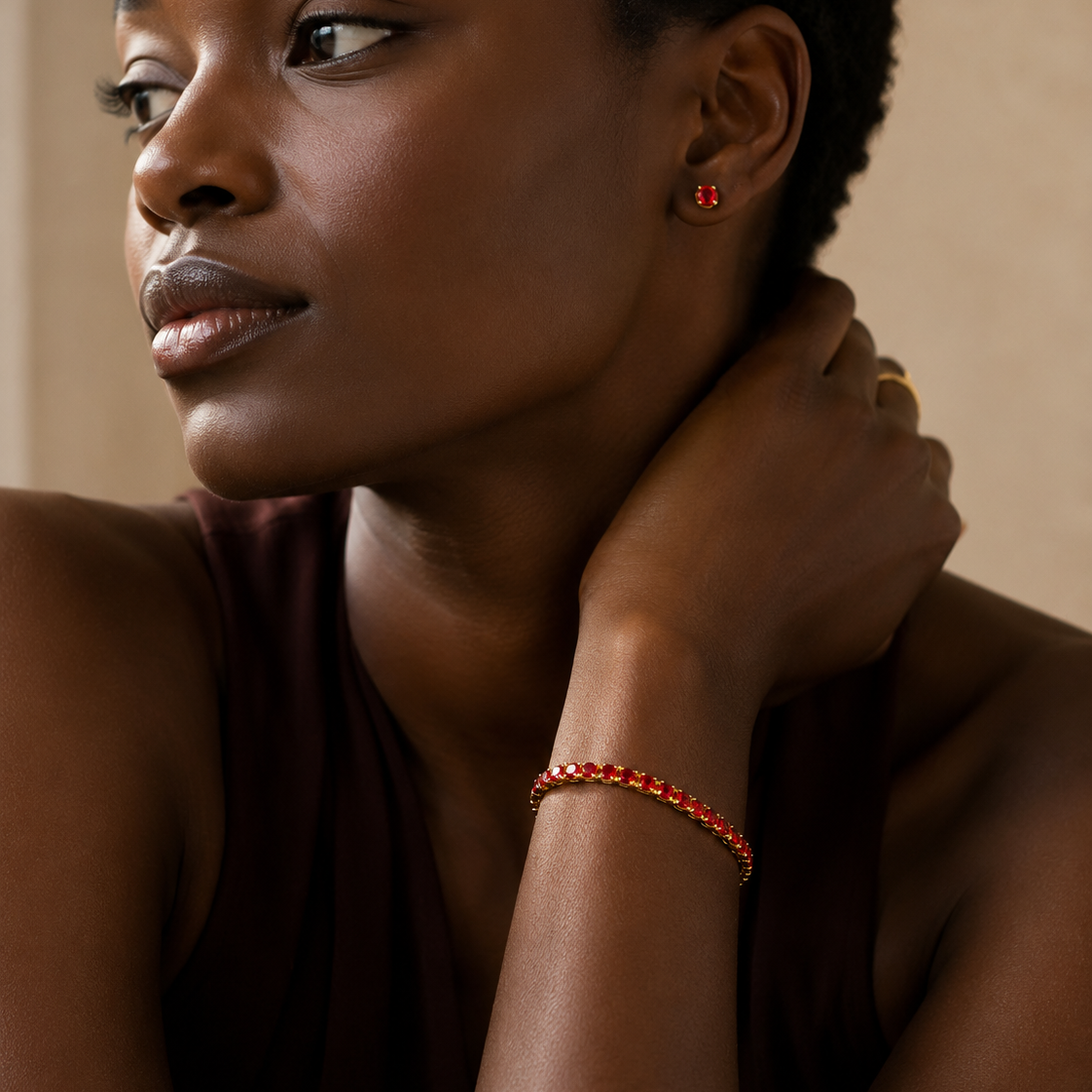 DHARIN Ruby Tennis Bracelet - editorial detail, lab-grown ruby continuous band