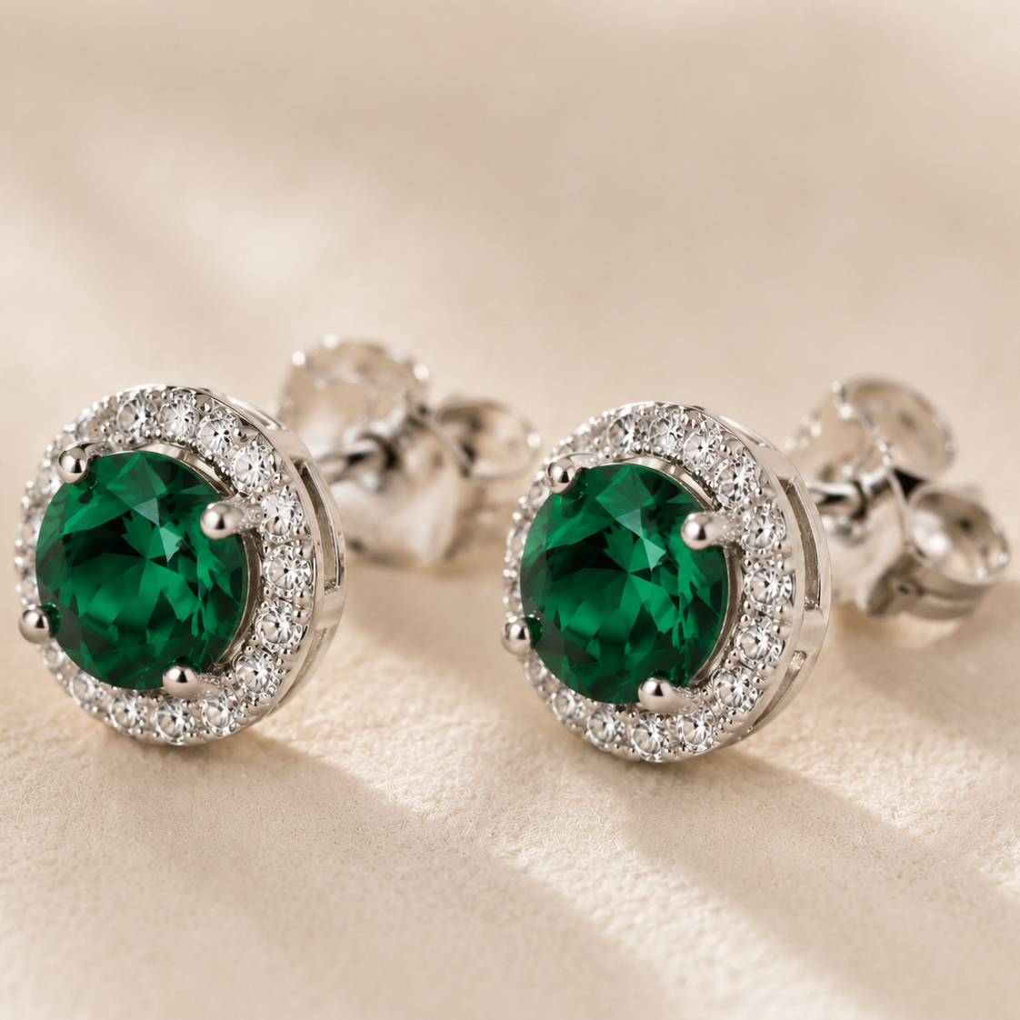 DHARIN Emerald Halo Stud Earrings - 18K gold vermeil, warm gold and vivid green emerald contrast