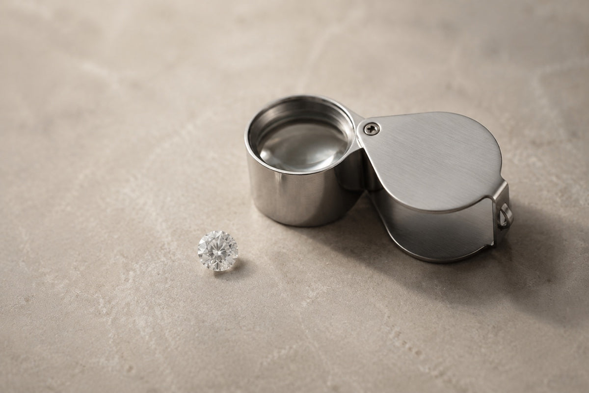 Editorial illustration of a jeweller’s loupe beside a round diamond