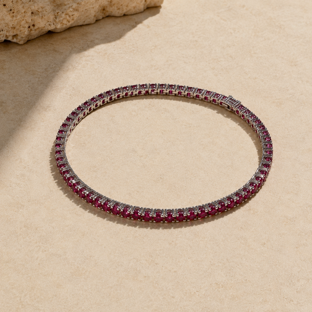 Lab Grown Ruby Tennis Bracelet – 16cm Continuous Band, Deep Red Gemstone