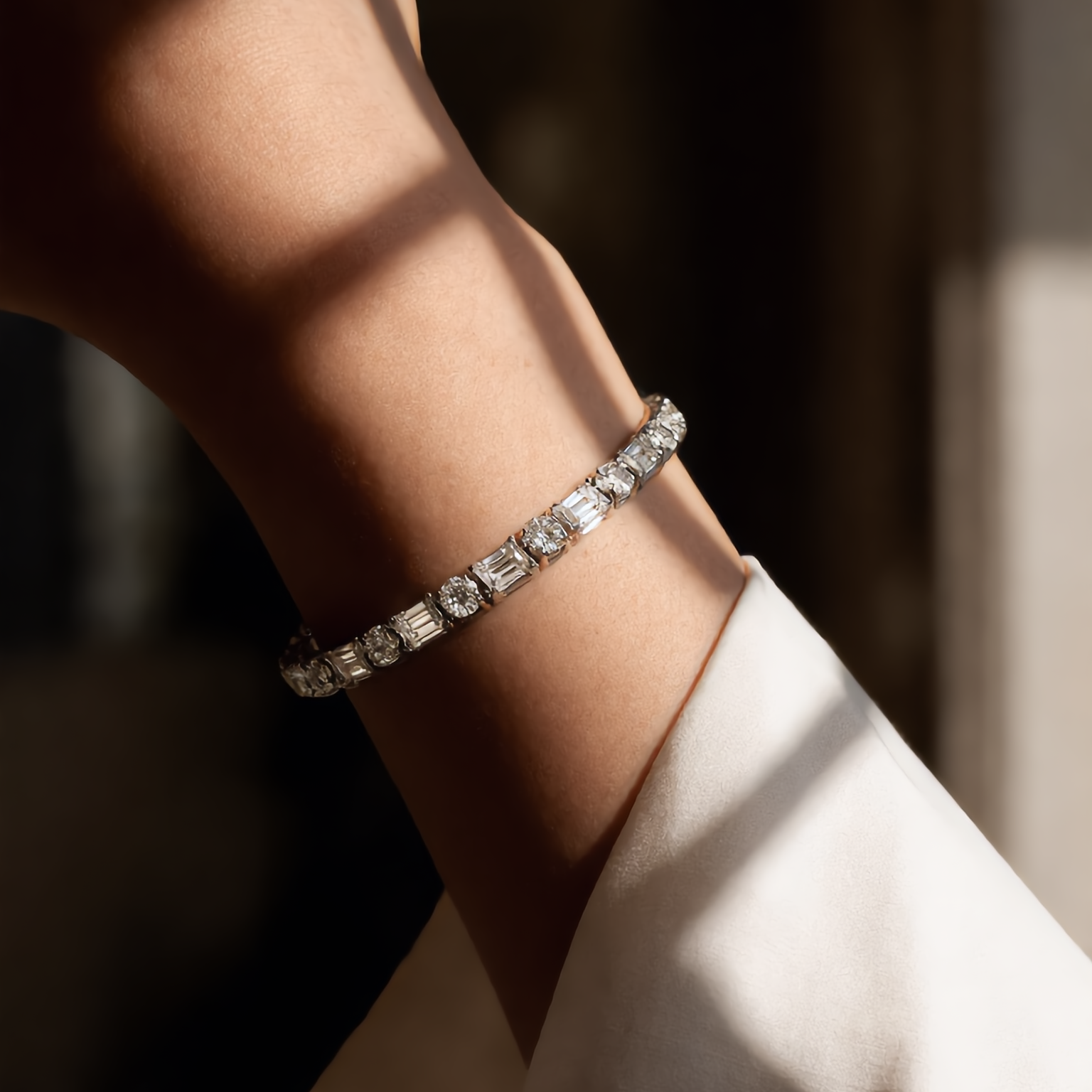 DHARIN Mixed-Cut Tennis Bracelet - lifestyle wrist wearing view, quiet luxury, 14K gold